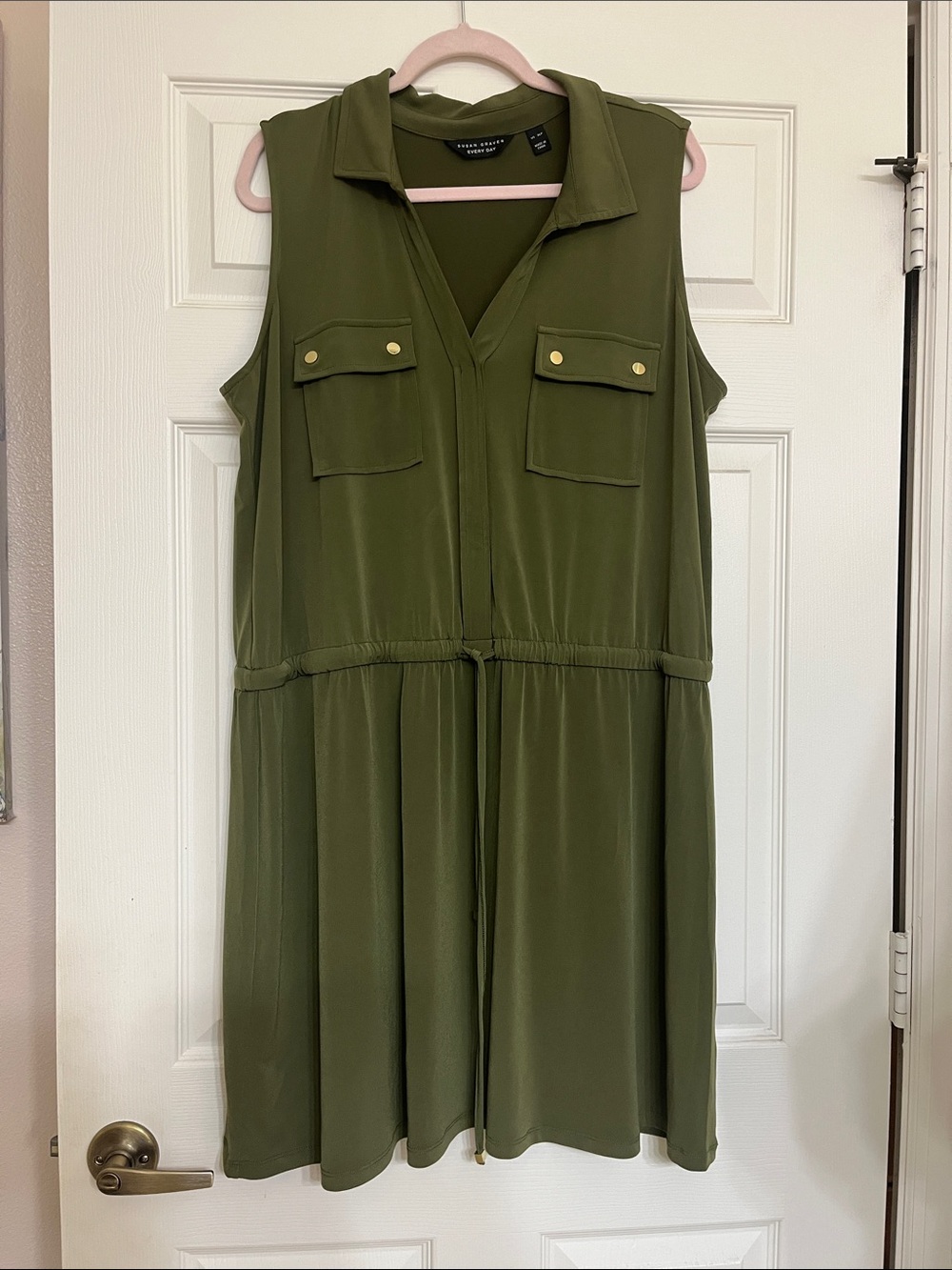 Susan Graver Olive Green Sleeveless Shirt Dress with Gold Buttons